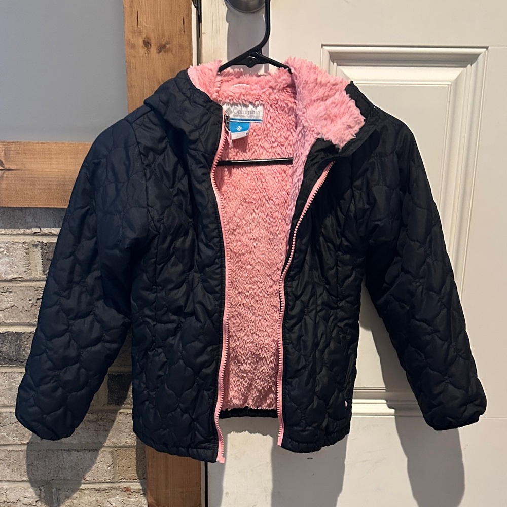 Columbia Girl’s Black Quilted Jacket with Pink Fleece Lining